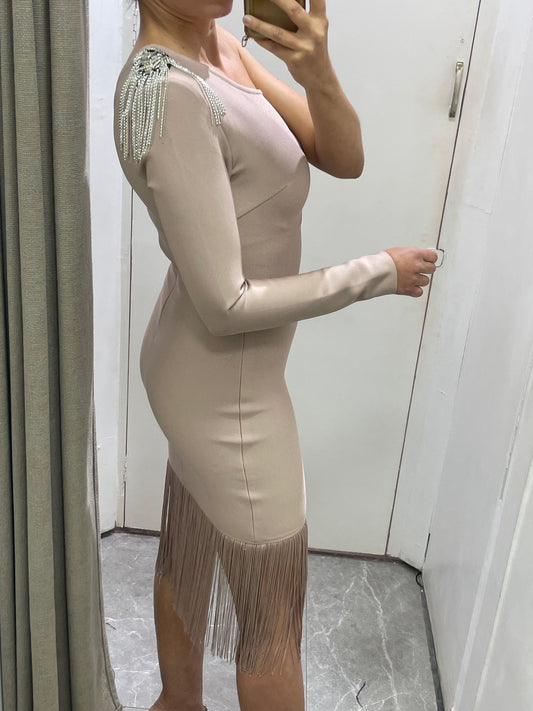 robe soirée bandage beige une manche