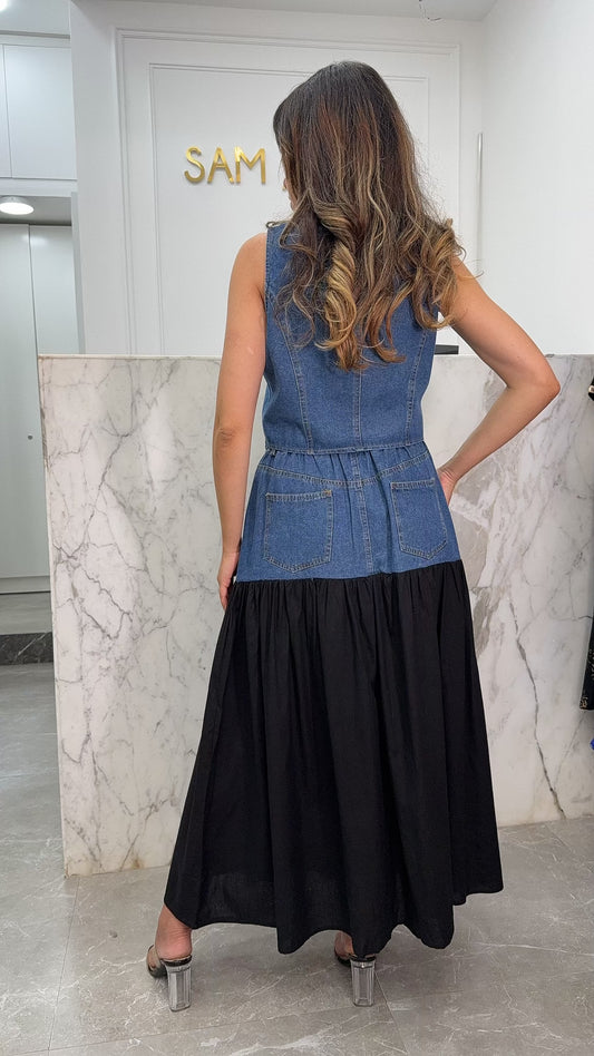 Ensemble bi-matière jupe gilet noir