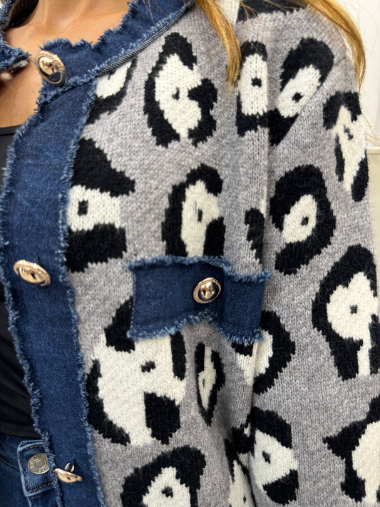 Gilet bi-matière jean léopard