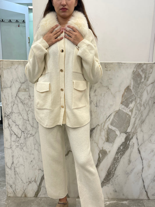 Ensemble laine cachemire col renard