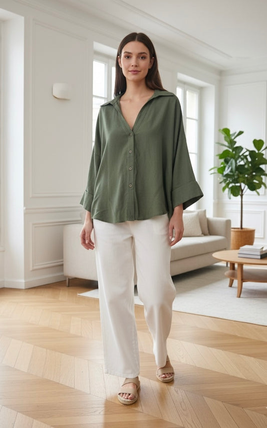 chemise lin large col V pli dos