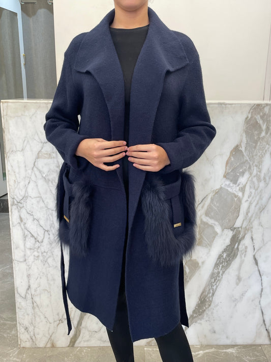 Manteau long habillé laine et cachemire poches renard