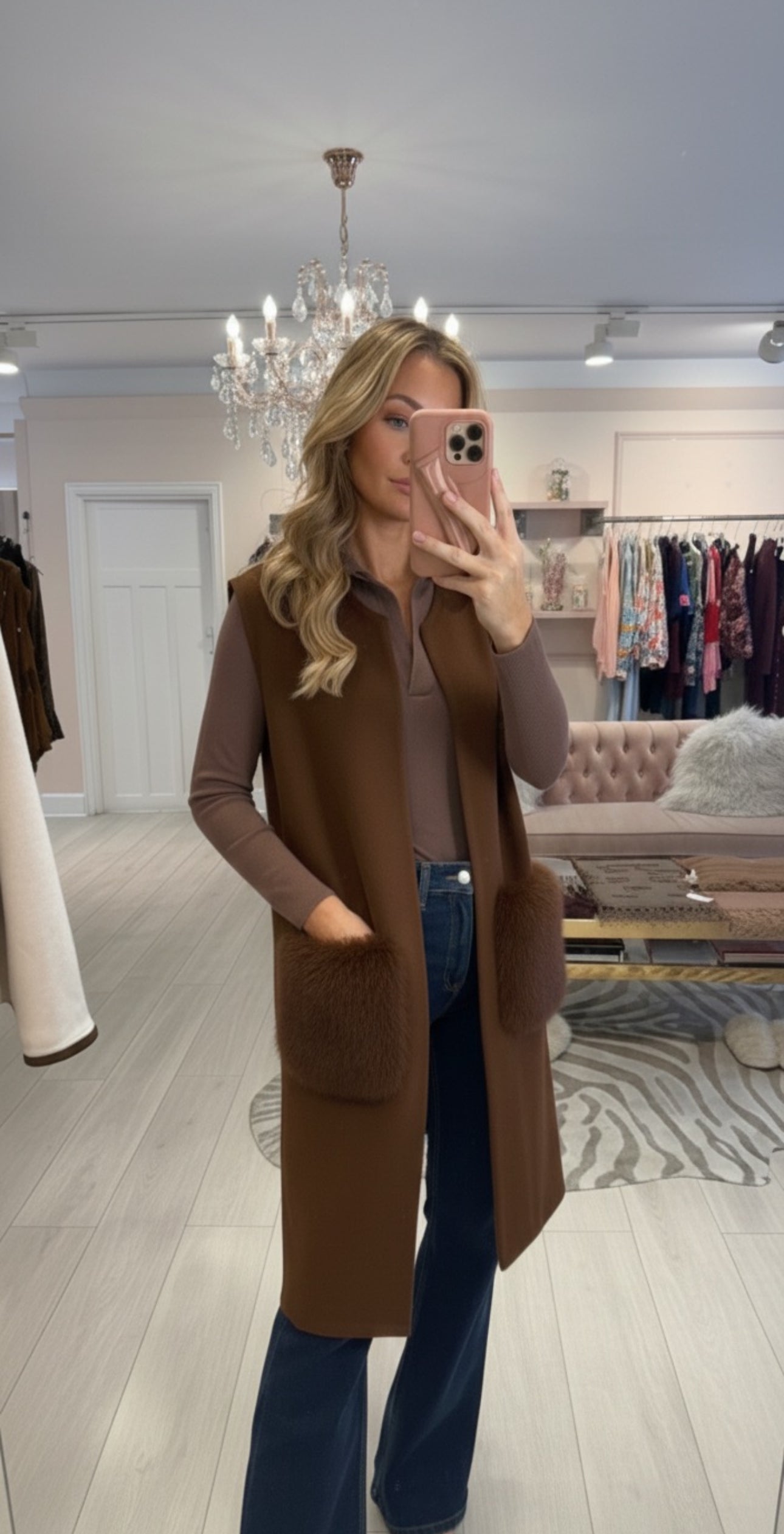 Gilet sans manches poches fourrure