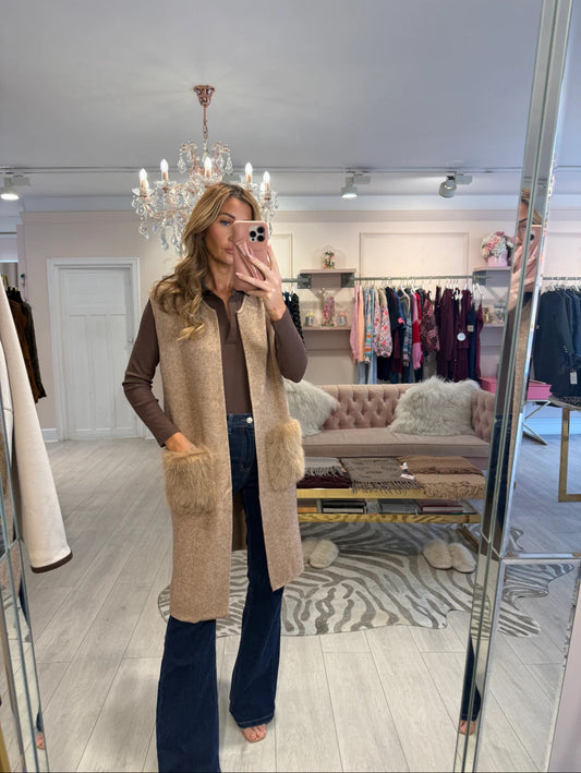 Gilet sans manches poches fourrure