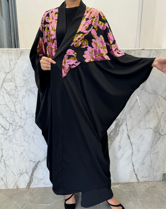 kimono noir voulour rose