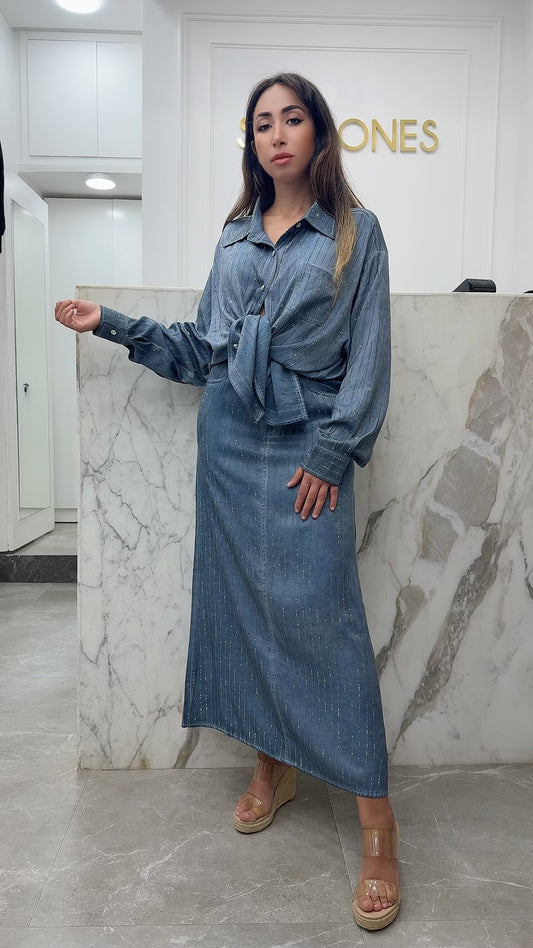 ensemble jupe strass bleu