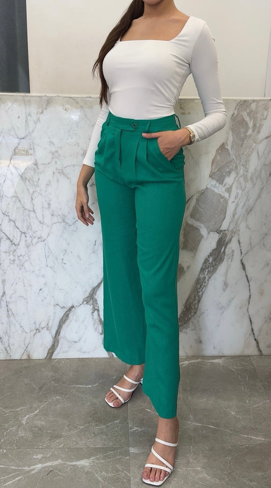 pantalon lin taille haute vert