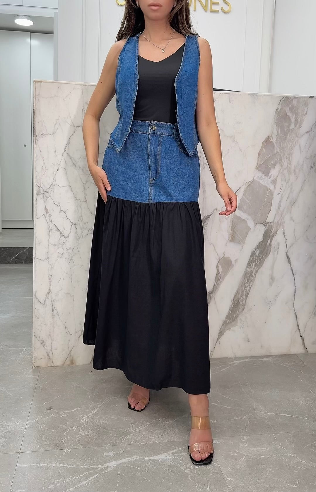 Ensemble bi-matière jupe gilet noir