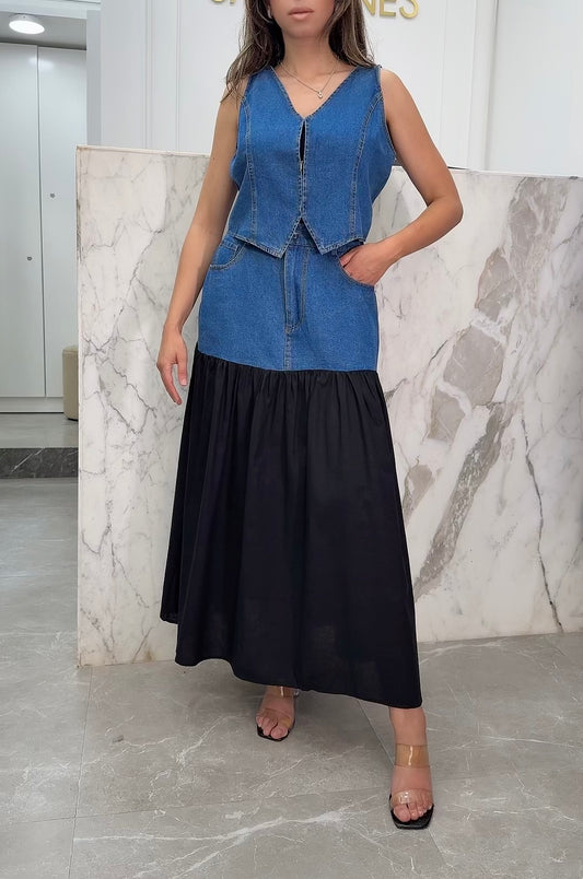 Ensemble bi-matière jupe gilet noir