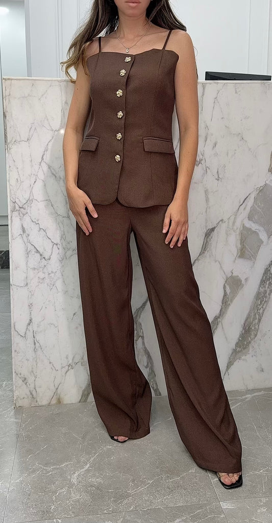 Ensemble bretelles boutons dorées marron