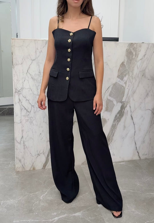 Ensemble bretelles boutons dorées marron