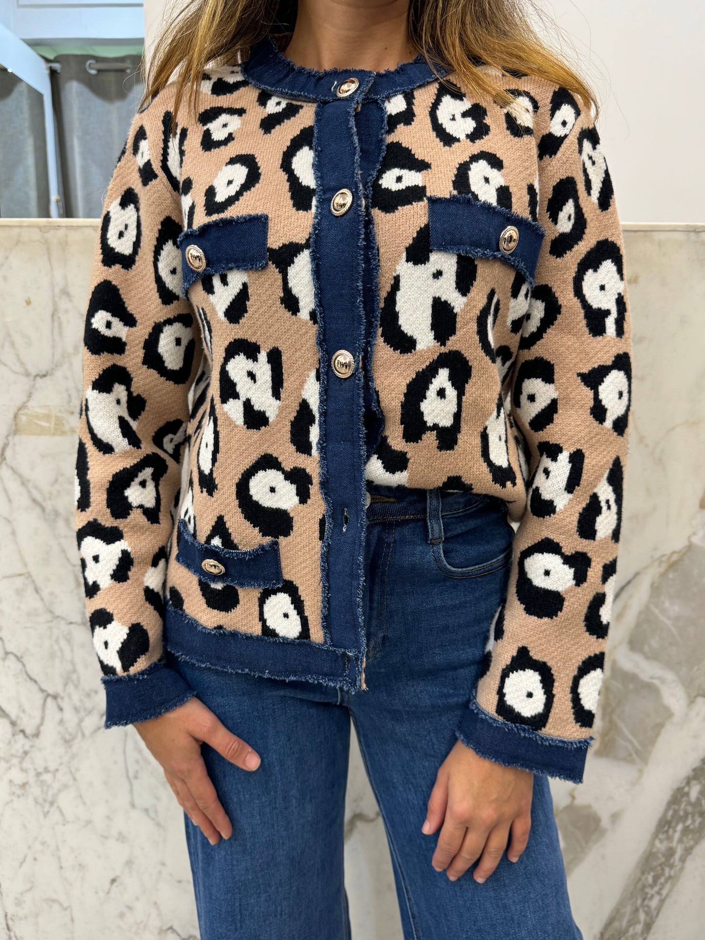 Gilet bi-matière jean léopard