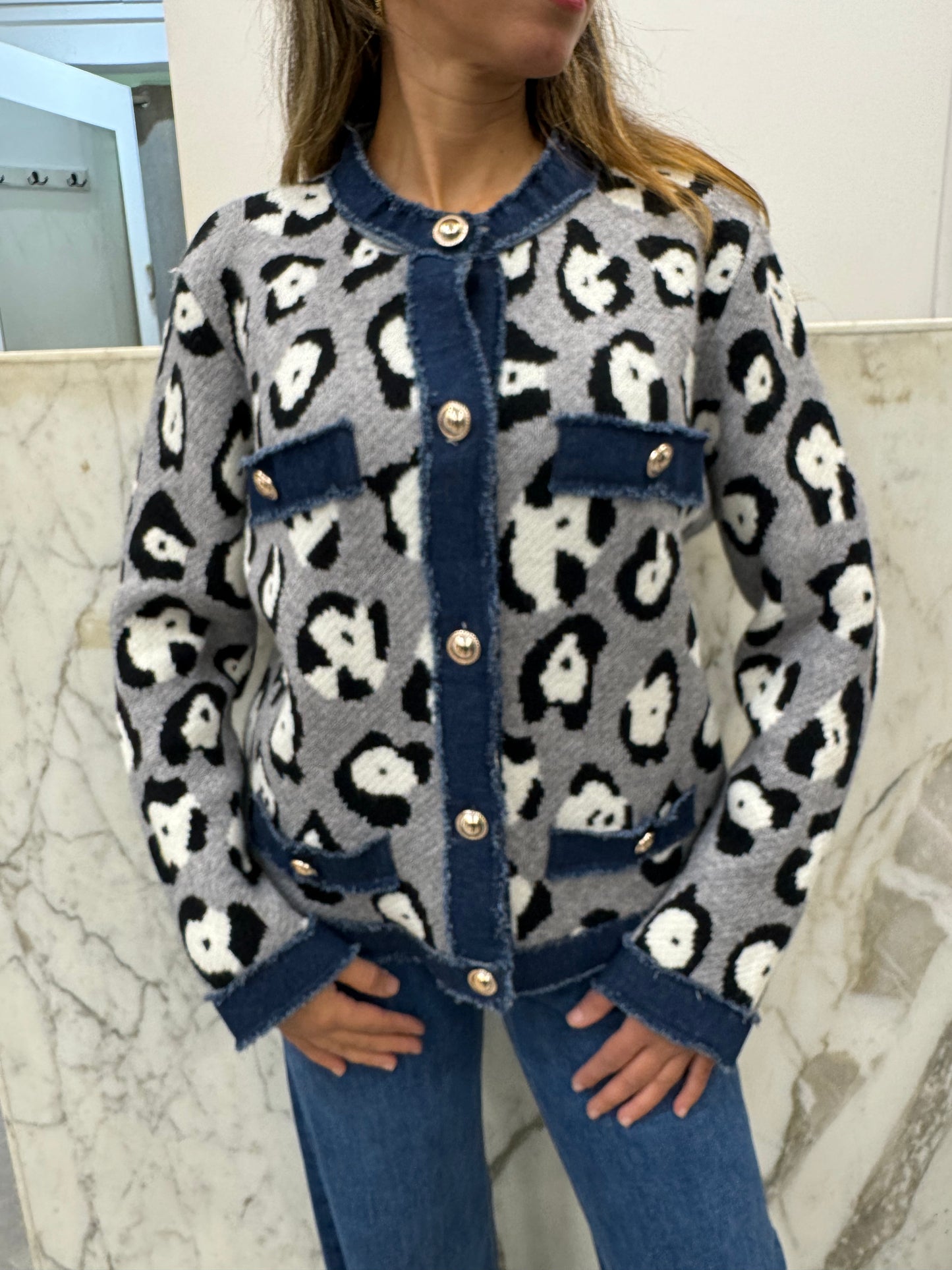 Gilet bi-matière jean léopard