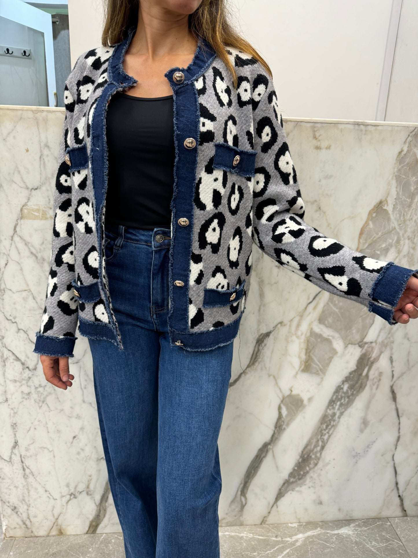 Gilet bi-matière jean léopard