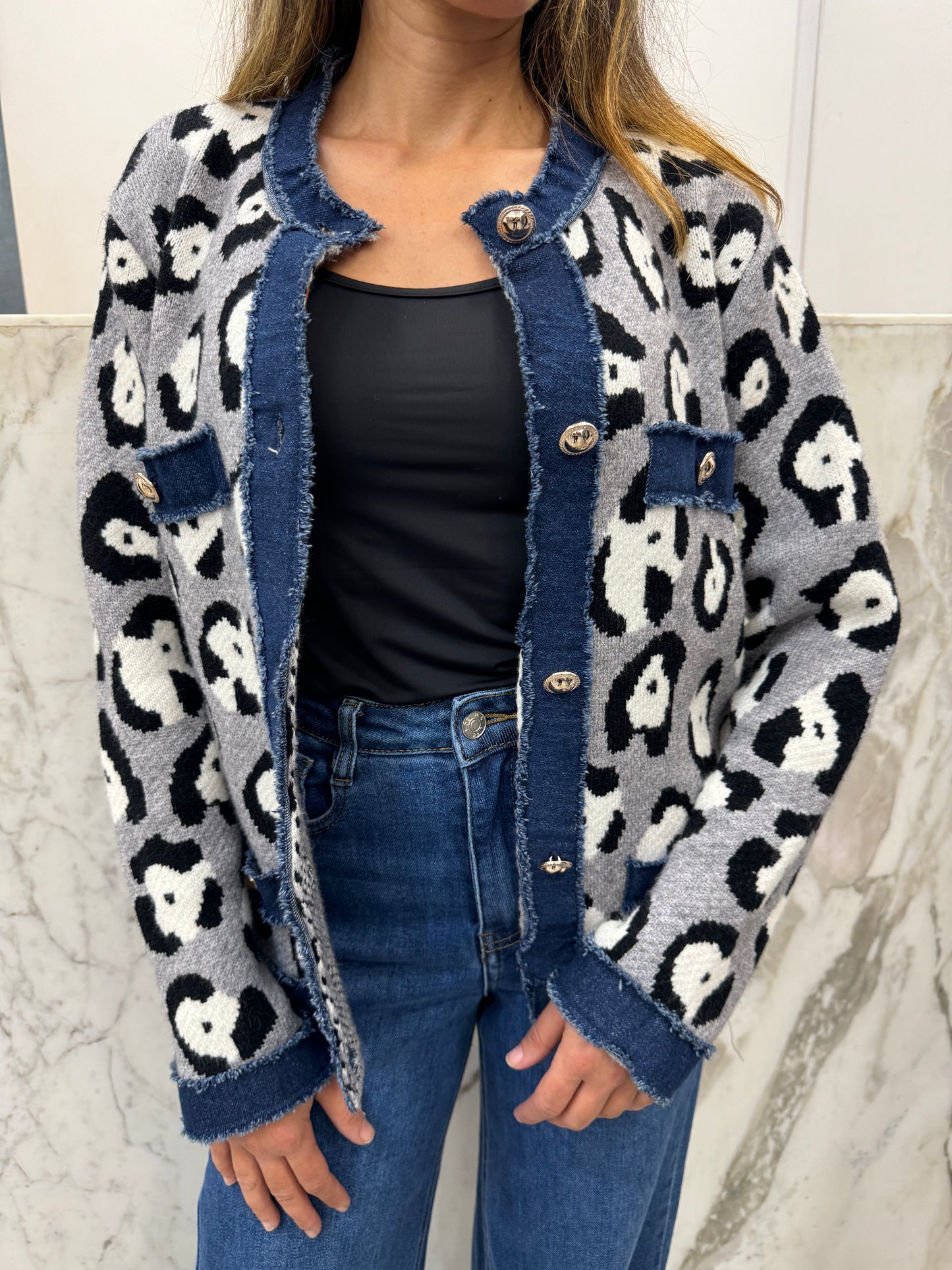 Gilet bi-matière jean léopard