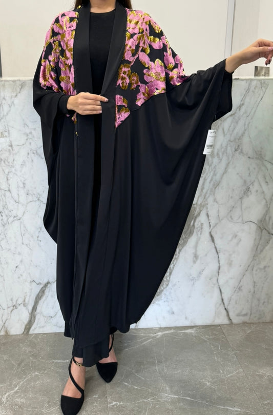kimono noir voulour rose
