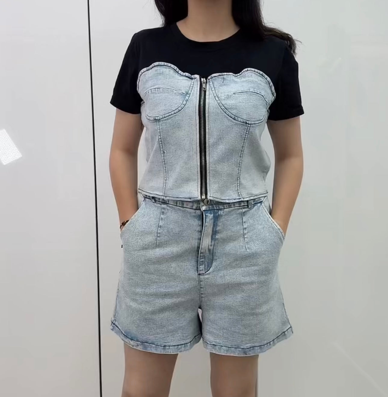 ensemble short bi matière jean