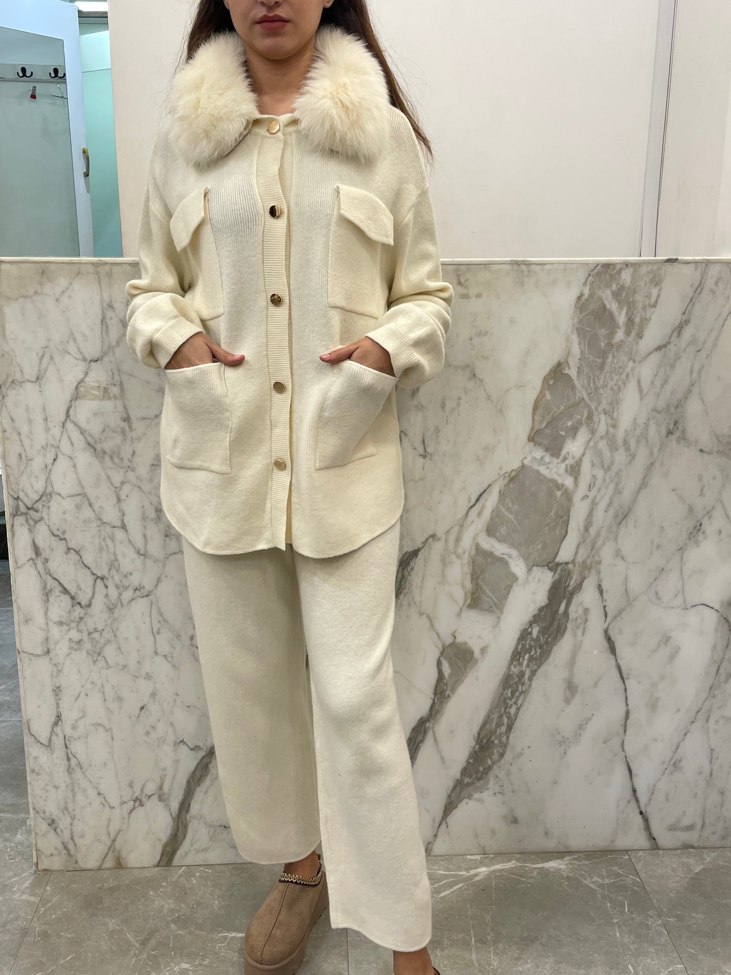 ensemble laine cachemire col renard