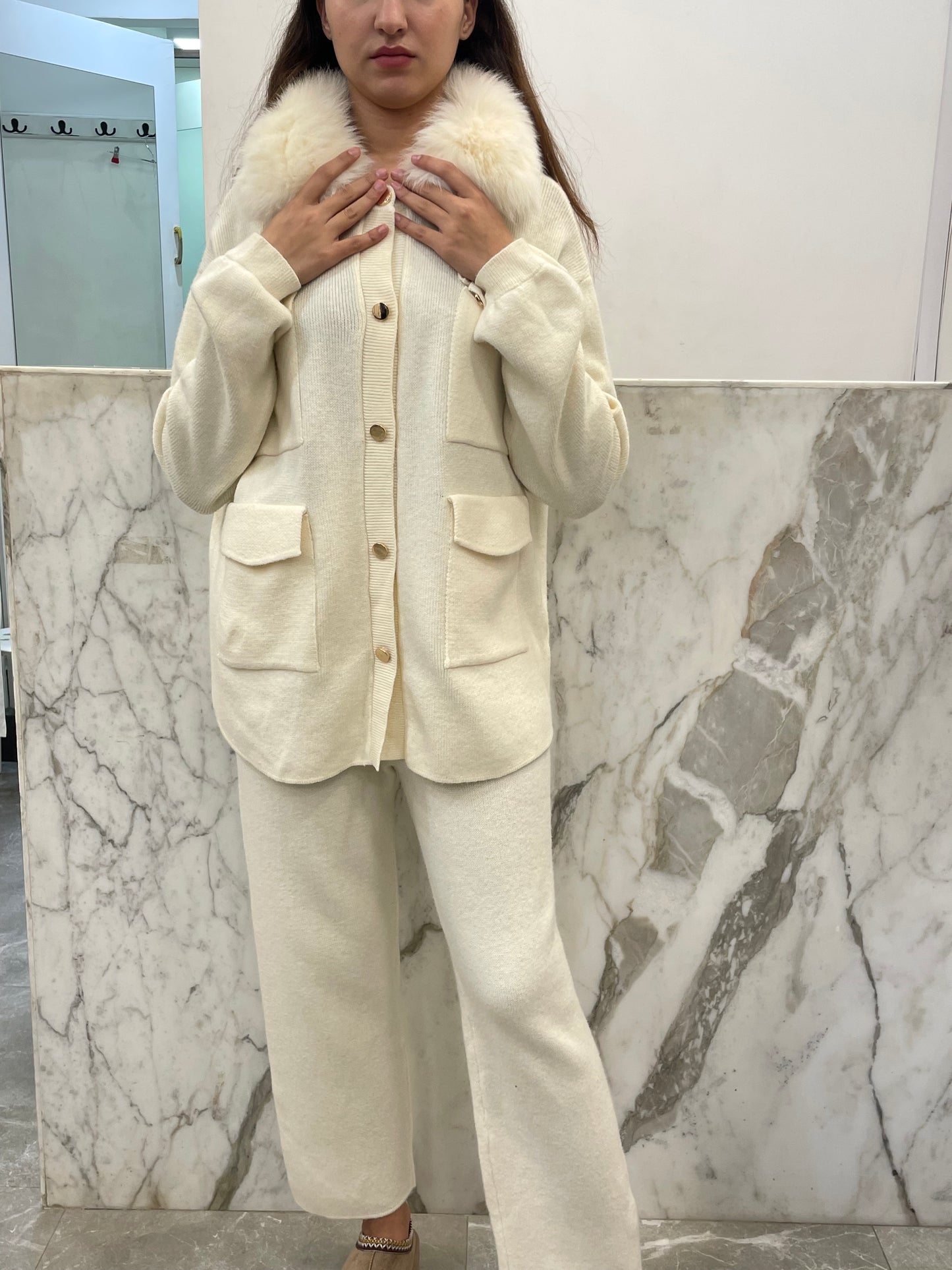 ensemble laine cachemire col renard