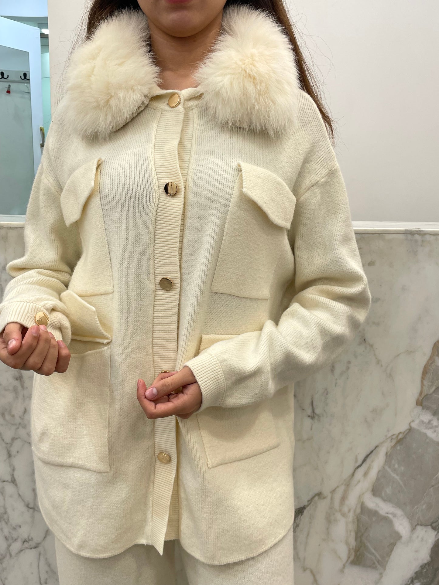 ensemble laine cachemire col renard