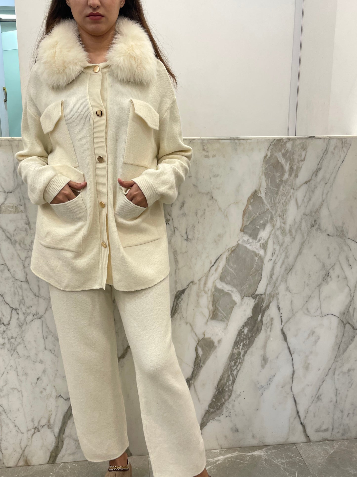 ensemble laine cachemire col renard