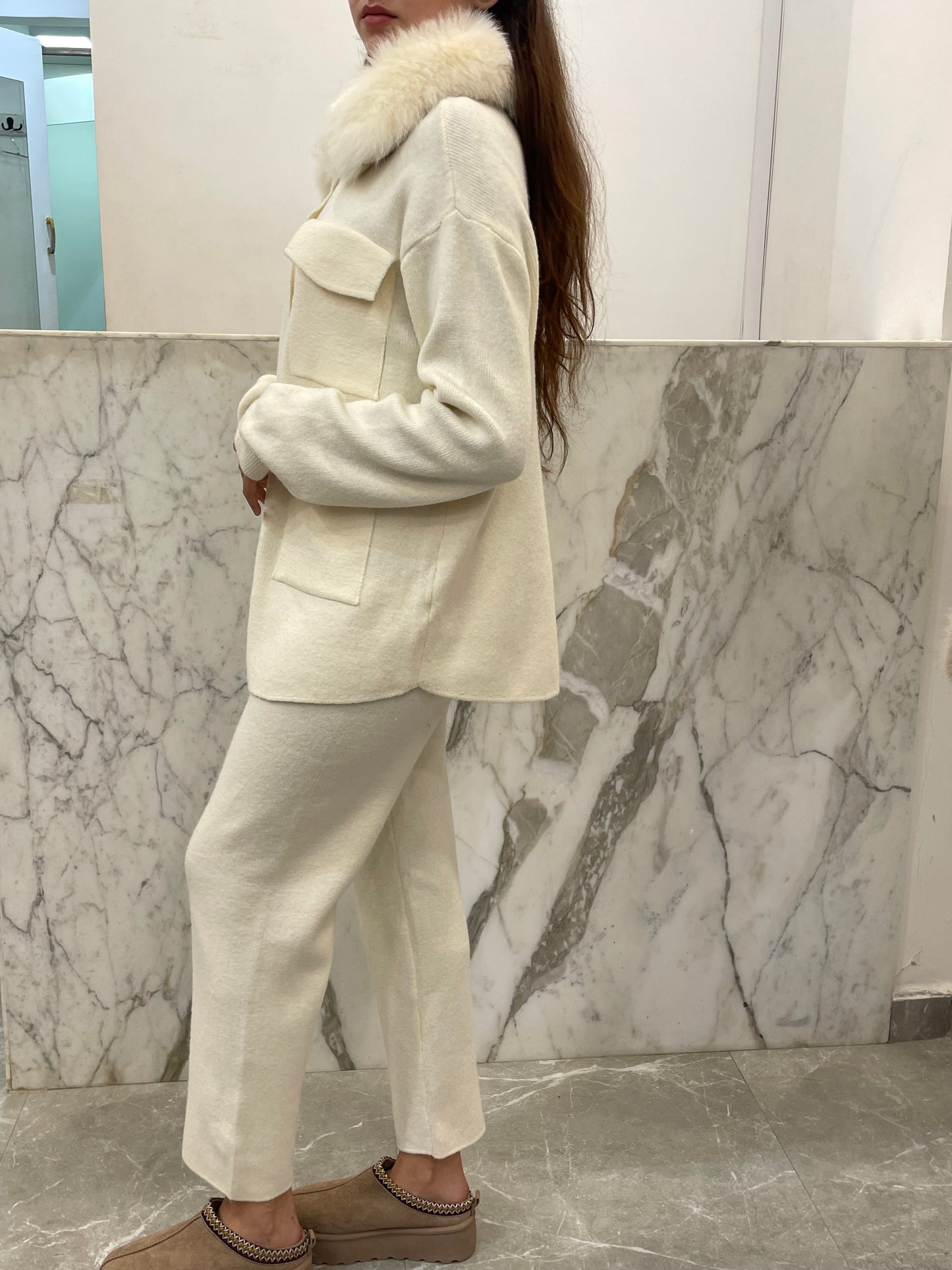 ensemble laine cachemire col renard