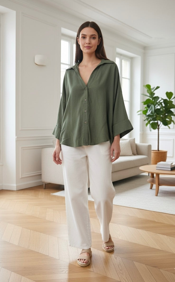 chemise lin large col V pli dos