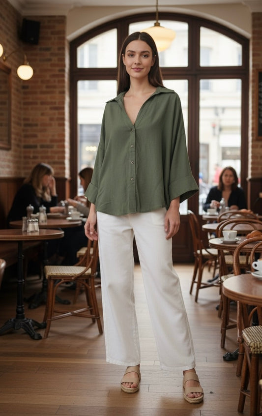 chemise lin large col V pli dos