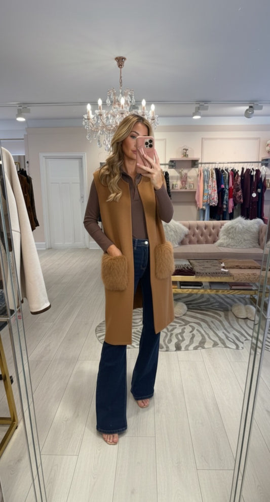 Gilet sans manches poches fourrure