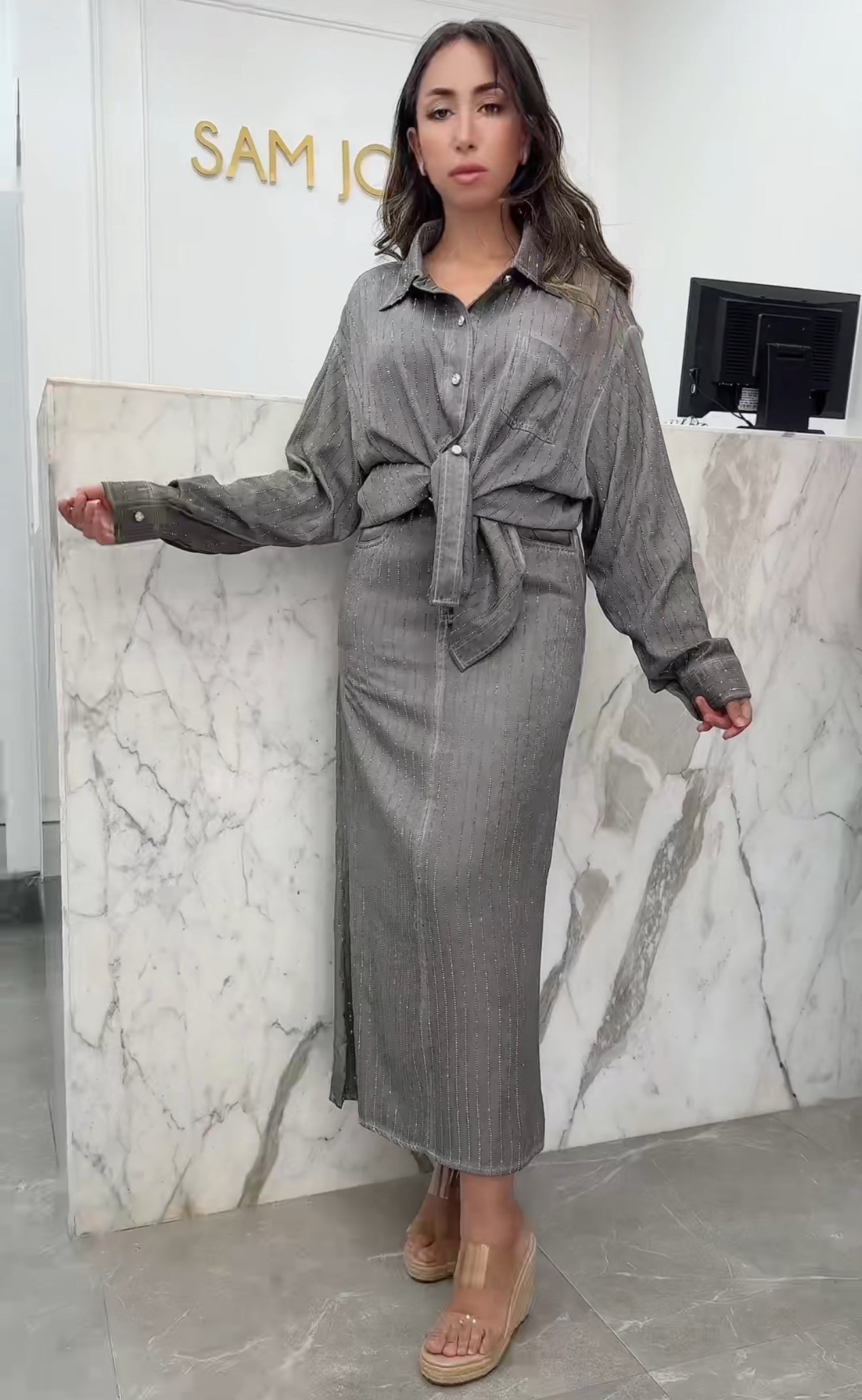 ensemble jupe strass gris