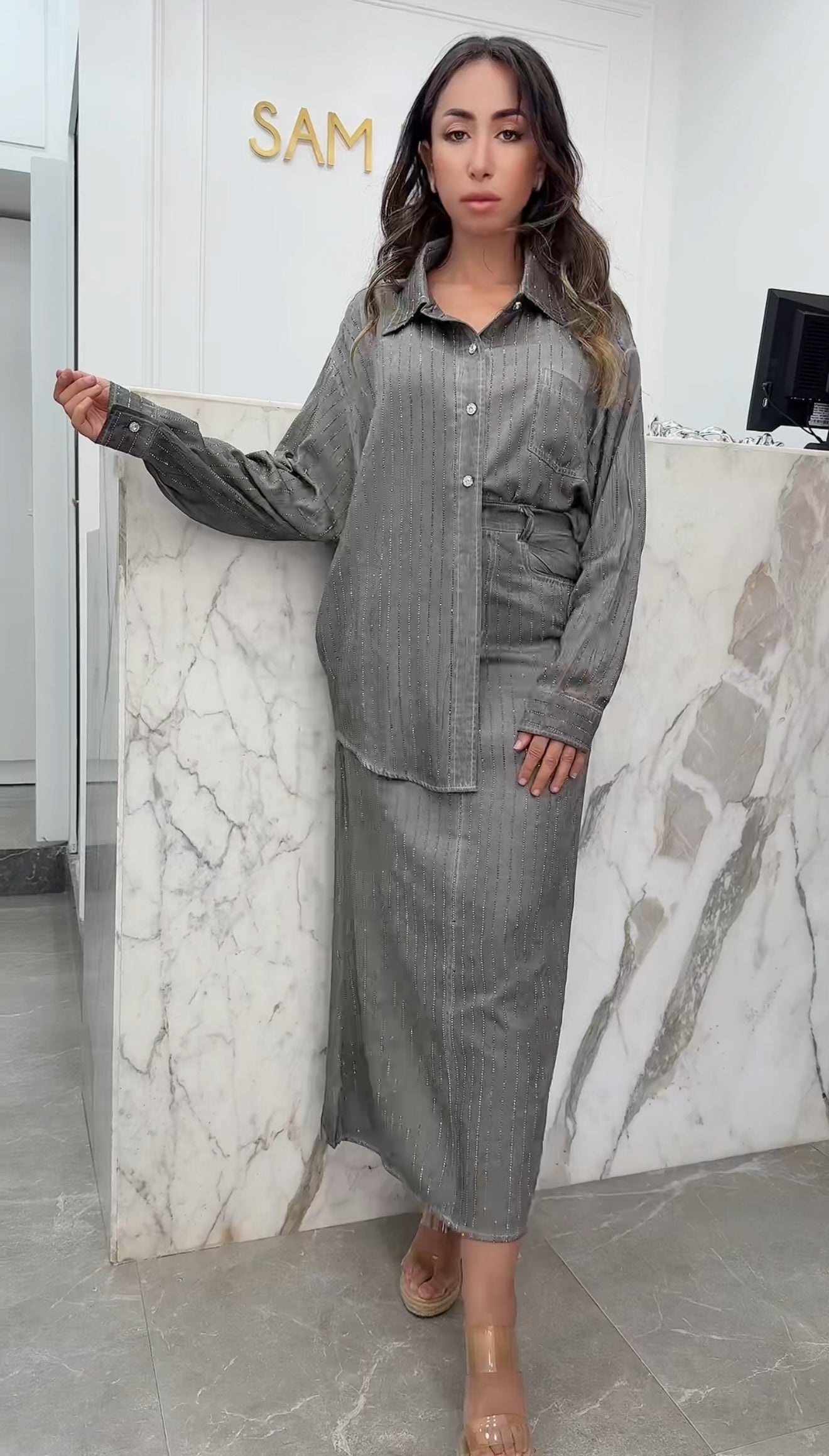 ensemble jupe strass gris