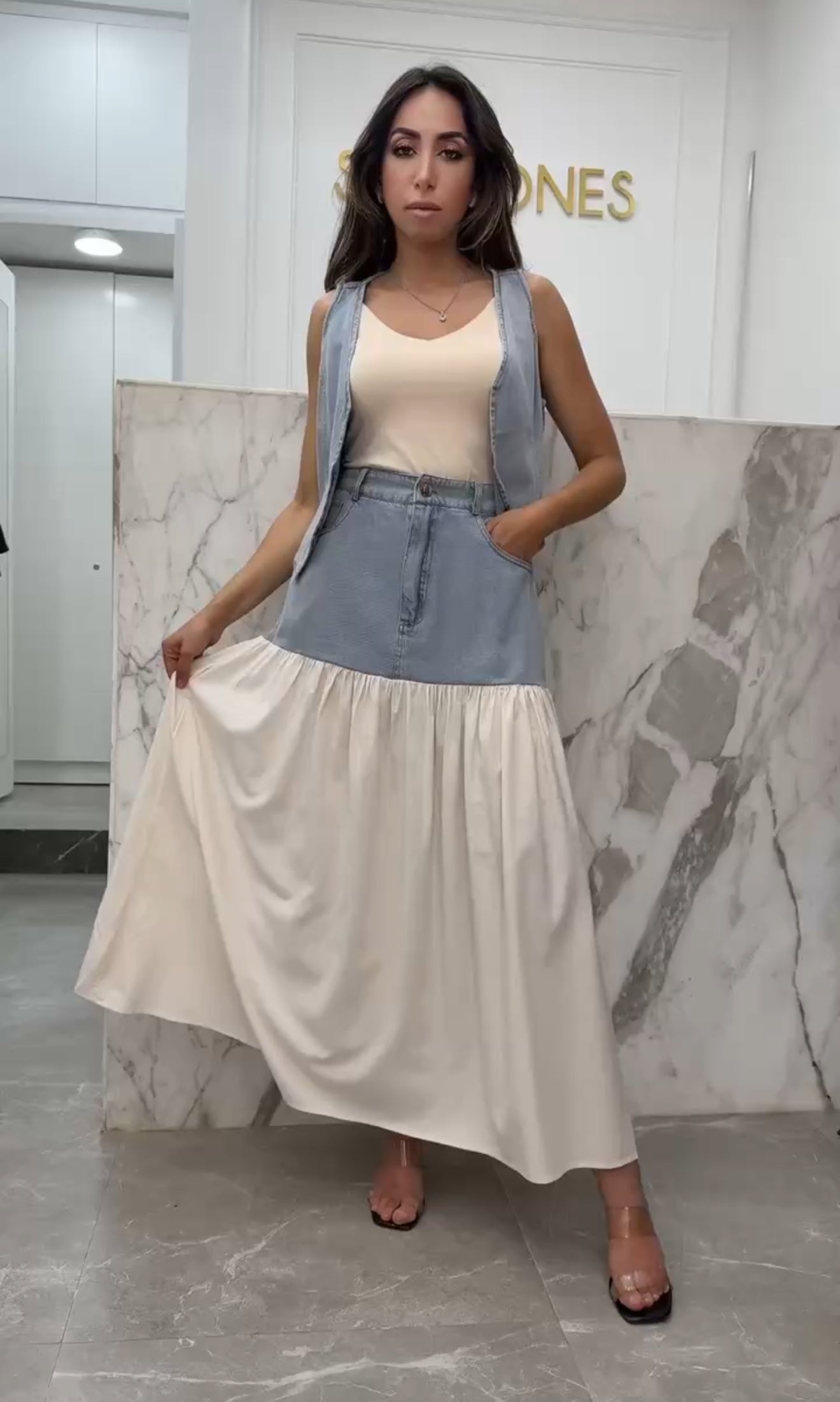 Ensemble bi-matière jupe gilet beige