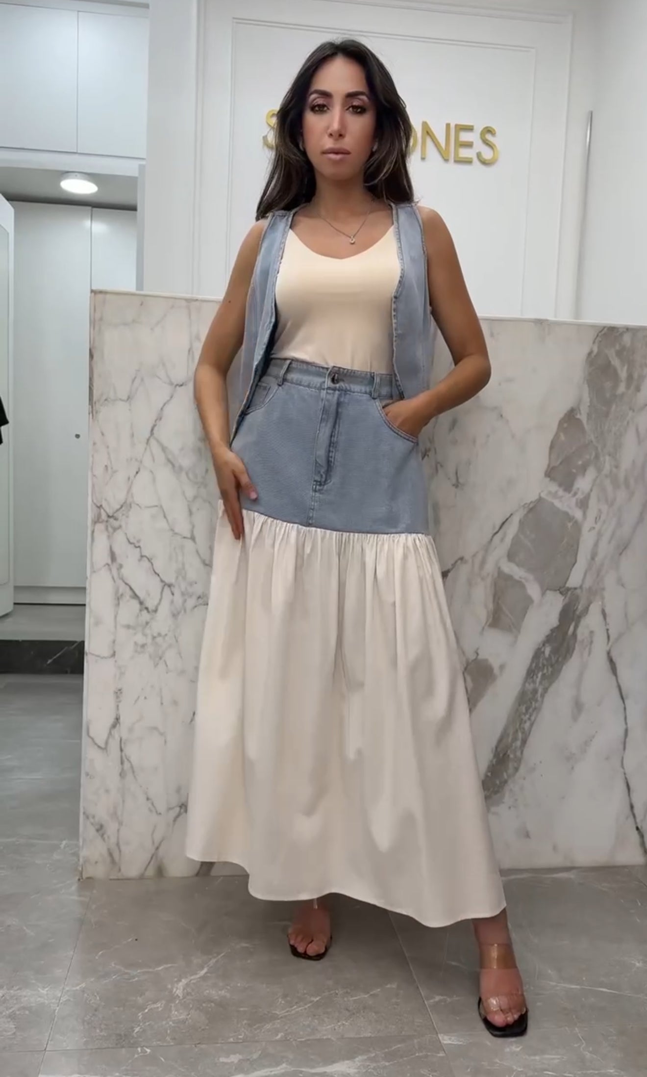 Ensemble bi-matière jupe gilet beige