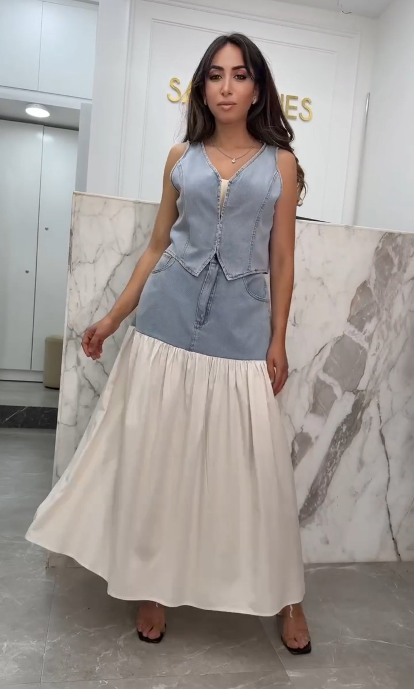 Ensemble bi-matière jupe gilet beige