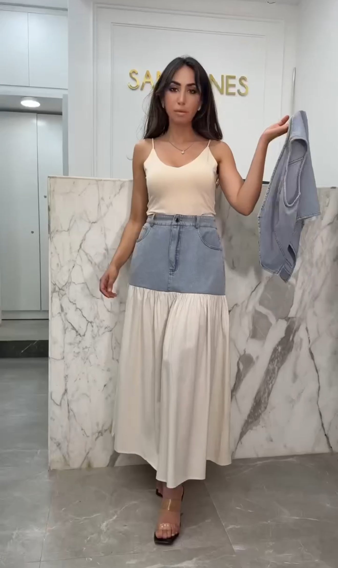 Ensemble bi-matière jupe gilet beige