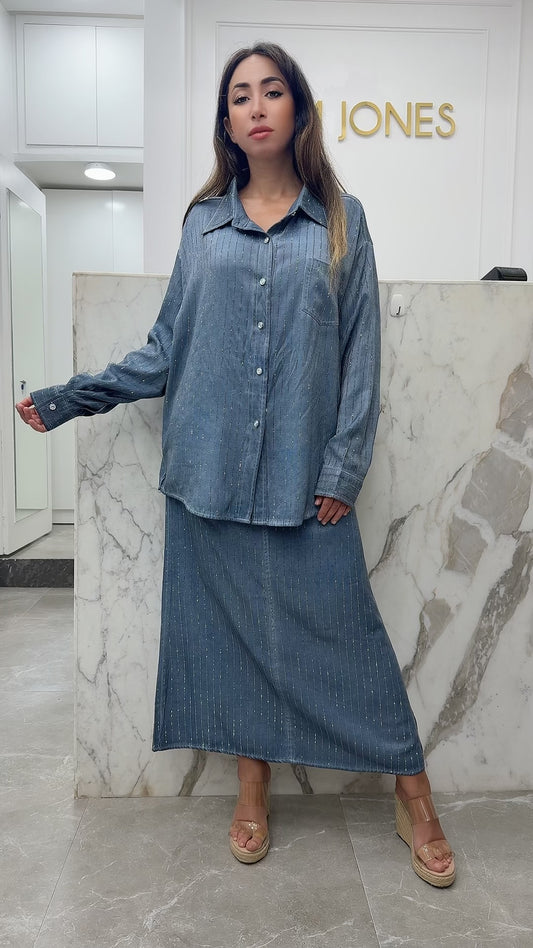 ensemble jupe strass bleu
