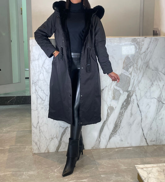 Parka long reversible fourré capuche fourrure amobible