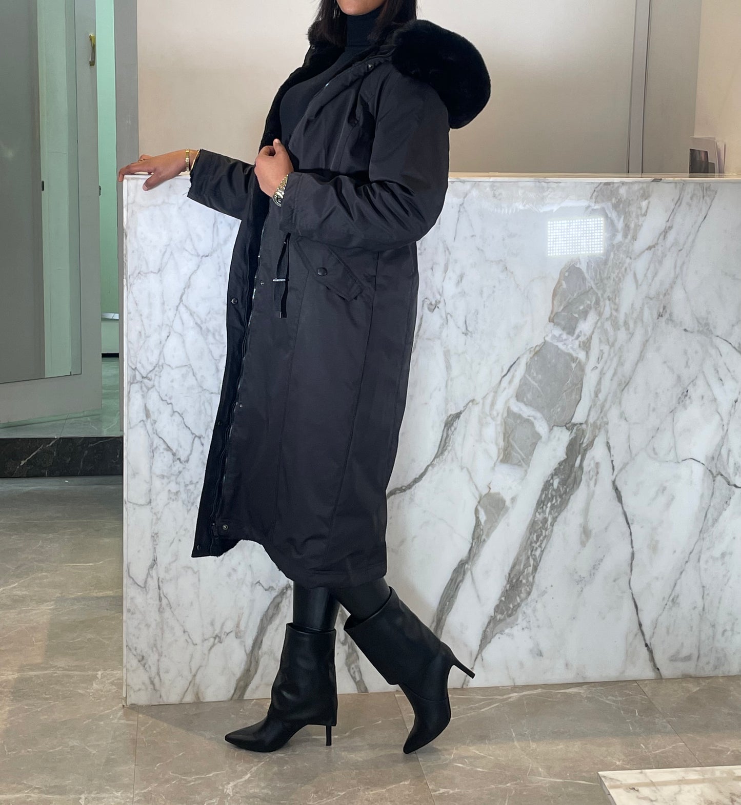 Parka long reversible fourré capuche fourrure amobible