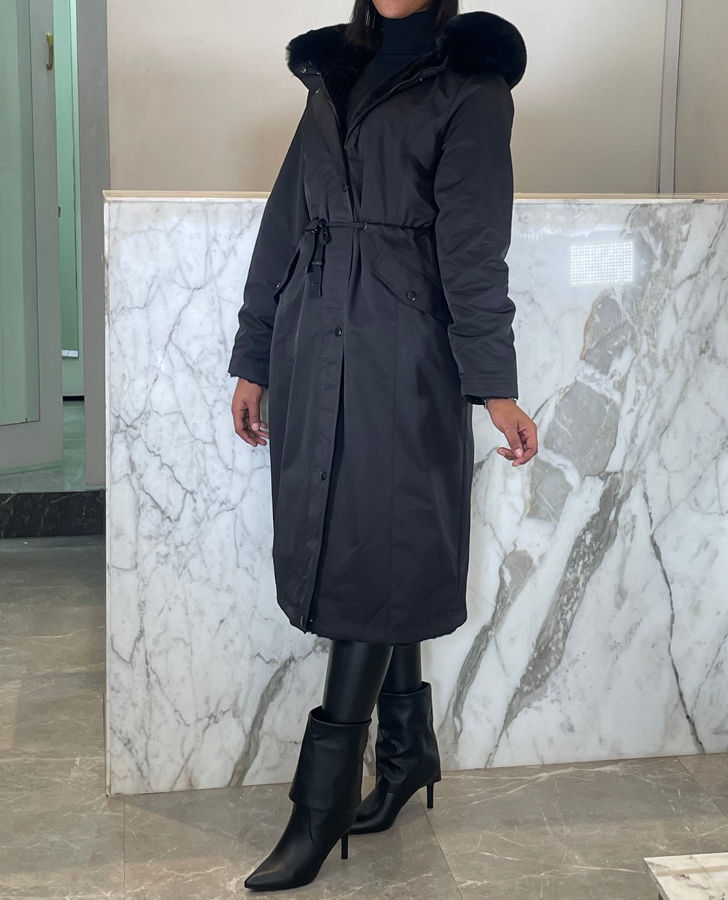 Parka long reversible fourré capuche fourrure amobible