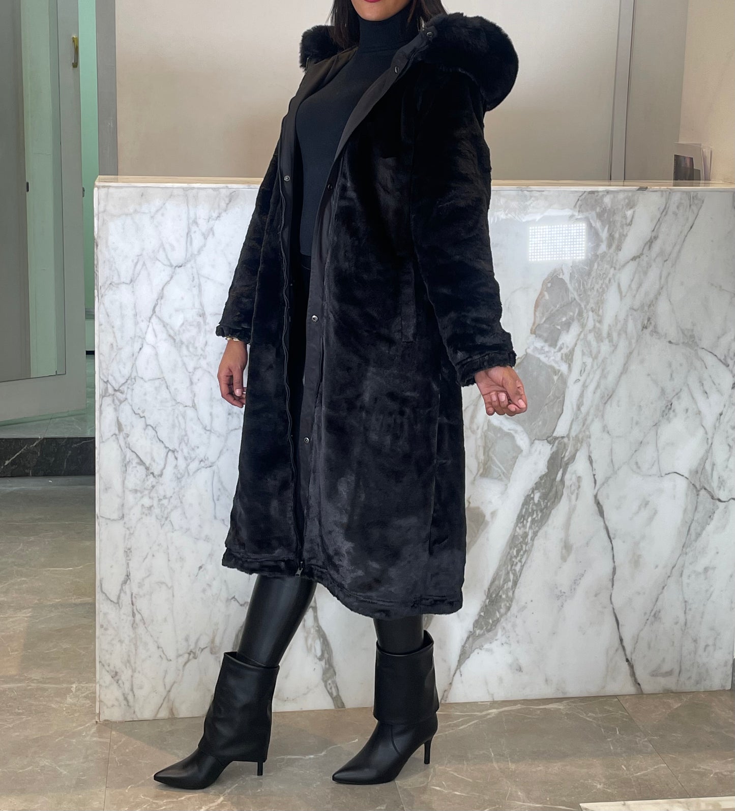 Parka long reversible fourré capuche fourrure amobible