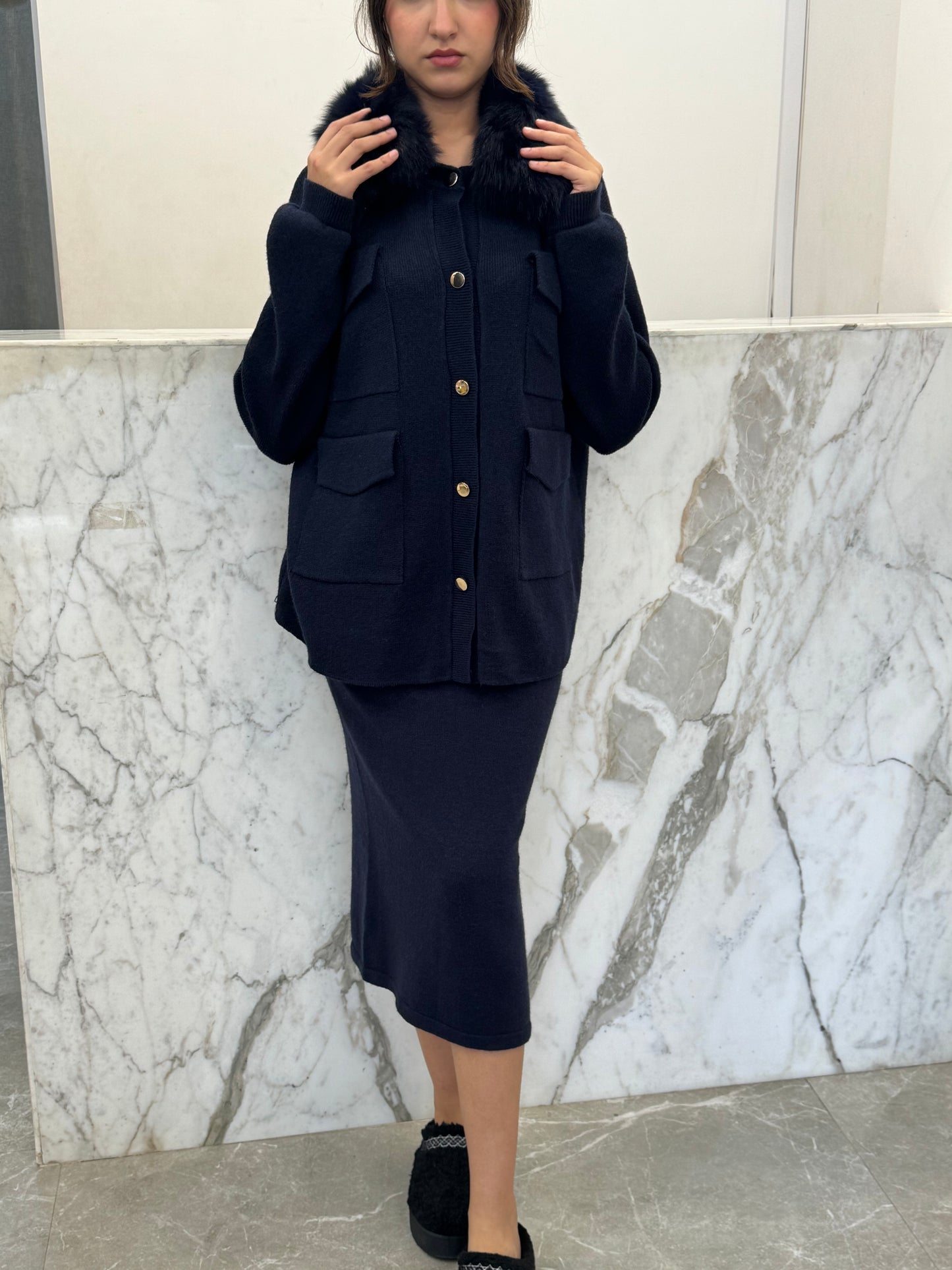 ensemble laine cachemire col renard