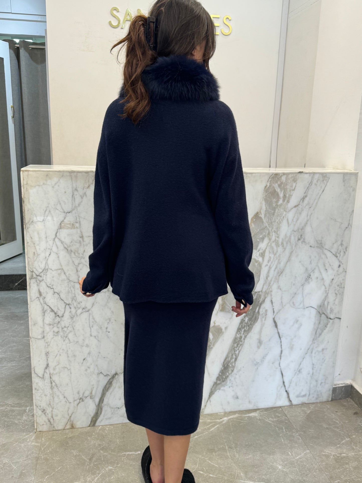 ensemble laine cachemire col renard