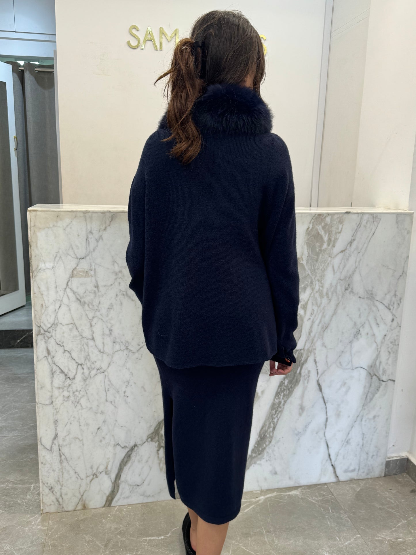 ensemble laine cachemire col renard