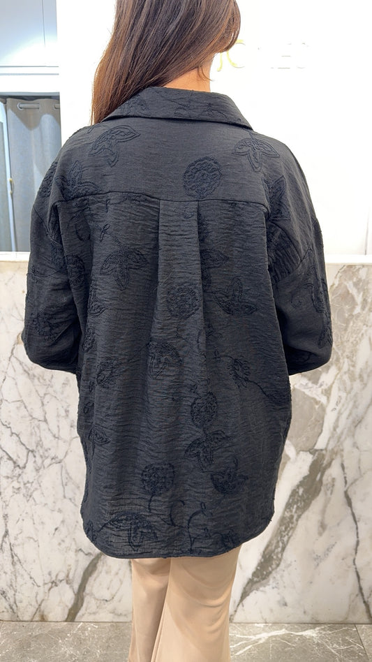 chemise lin brodée noire