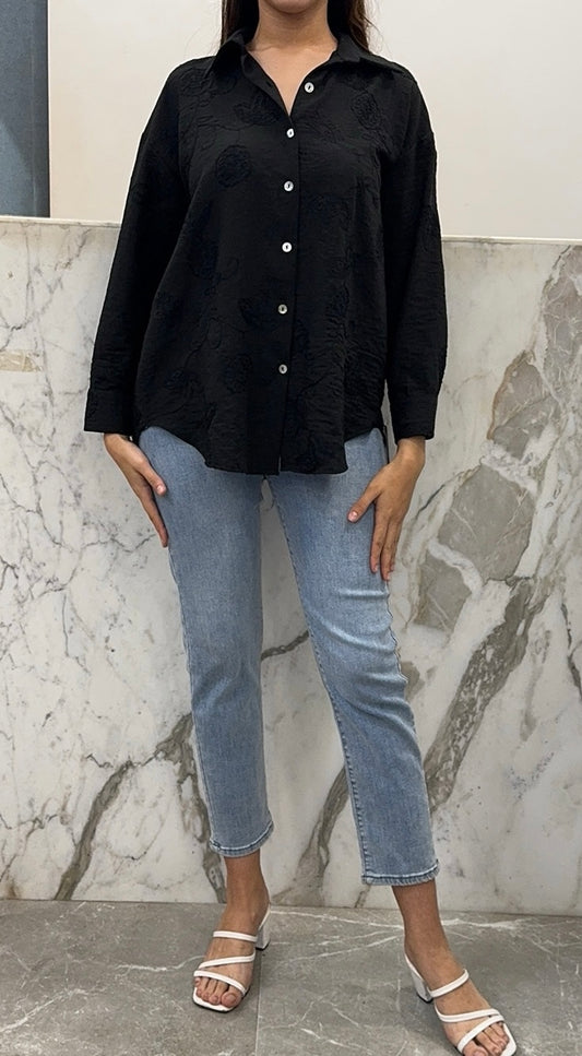 chemise lin brodée noire